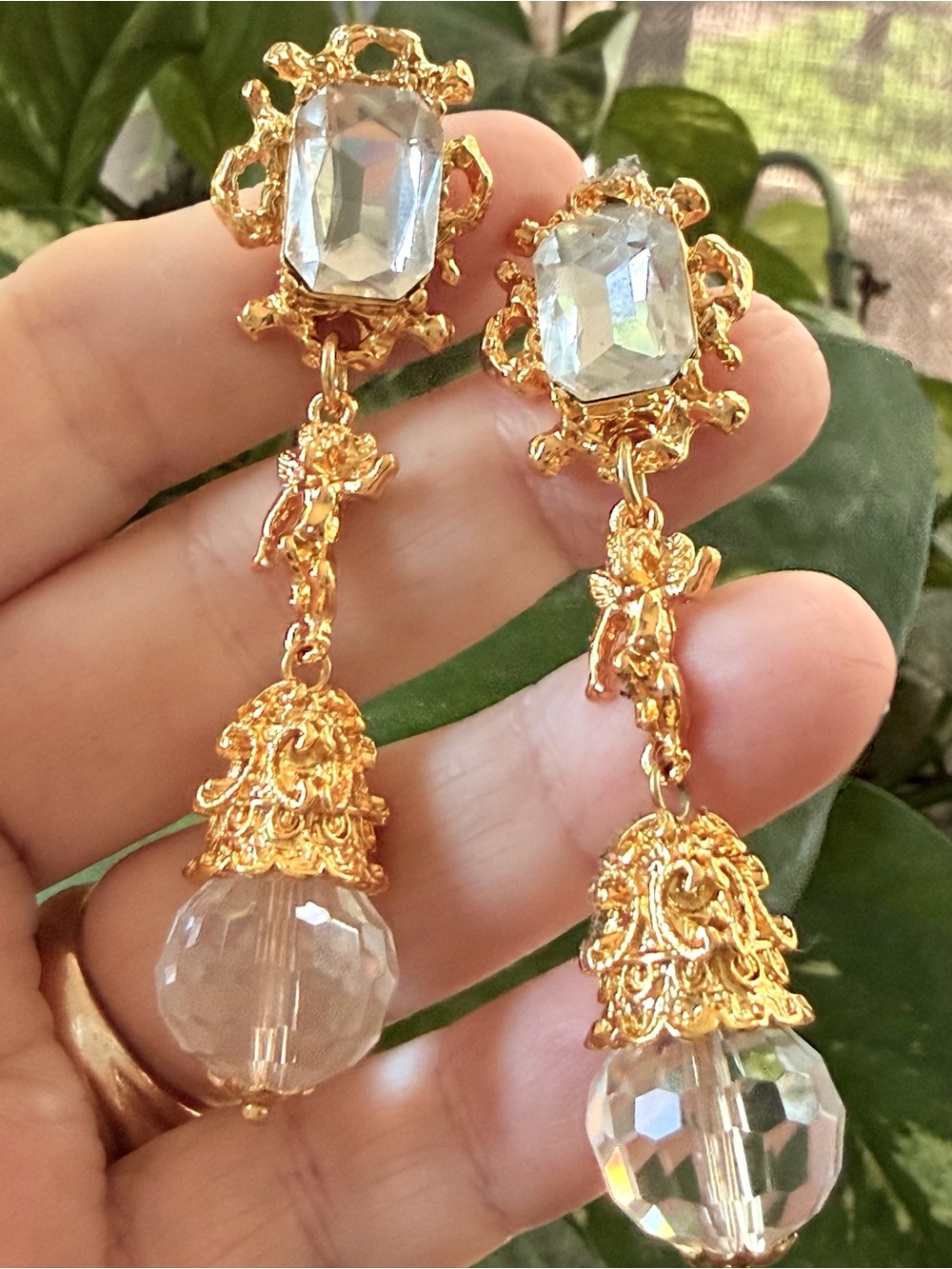Golden Cherub Sparkling Crystal Ball Dangle Drop Earrings/Post Albert Weiss